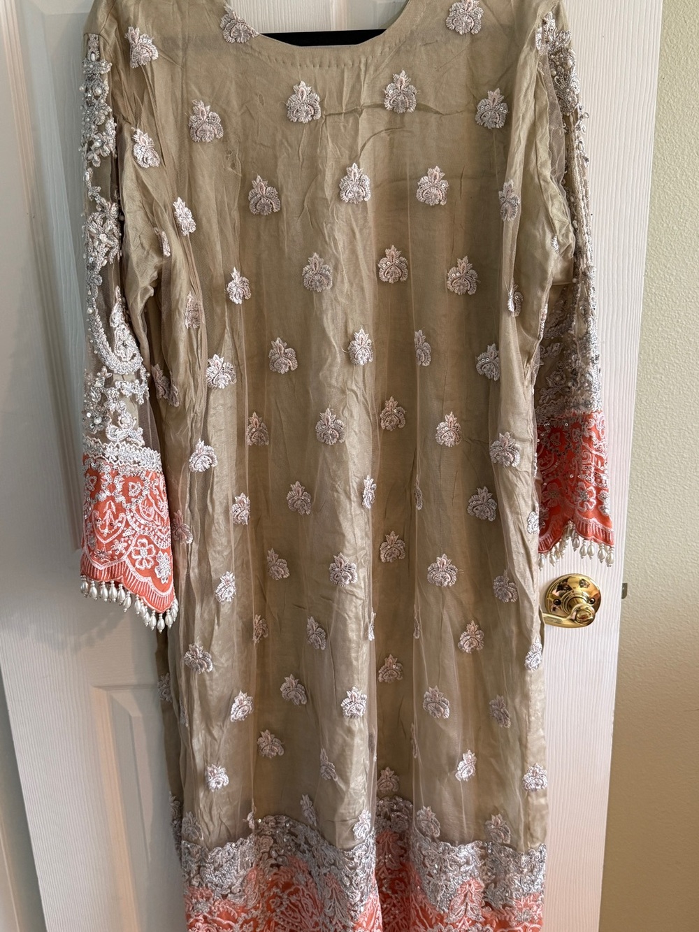 Sana Safinaz Beige 3-Piece Suit, Size XL Crystal & Pearl Embellished - Picture 9 of 17